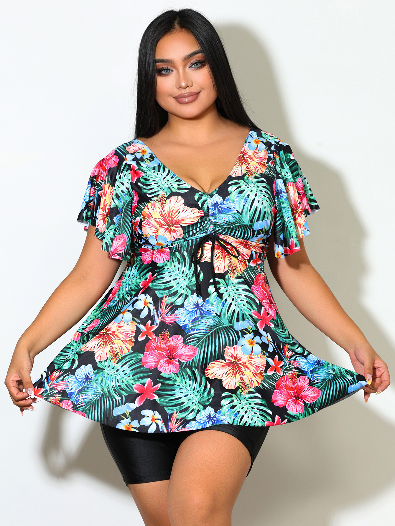 Plus Floral Print V-Neck Top With Drawstring And Boyshorts Black Swimwear Set